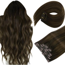 Sunny Hair Clip in Hair Extensions Human Hair Invisible Clip in Hair Extensions Real Human Hair Straight Hair Extensions for Women 16inch Dark Brown Balayage Mdeium Brown