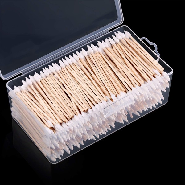 Norme 500 Pieces Cleaning Swabs, Pointed/Round Tip with Wooden Handle Cleaning Swabs Buds for Jewelry Ceramics Electronics in Storage Case (6 Inch, Pointed Tip)