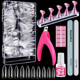 Teenitor Clear Stiletto Nail Tips Full Cover, Long Stiletto Nails Tips For Acrylic Nails, 600pcs Almond Stiletto Shape Fake Nails Tips With Glue, Acrylic Nail Clipper, Nail Stand Clear Glue On Nails