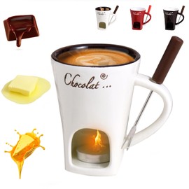 Chocolate Fondue Mug with Fork, Chocolate Fondue Cup, Personal Chocolate Melting Cup for Cheese, Ceramic Chocolate Melting Cup, Chocolate Melting Mug For Date Night Birthday Wedding Gifts (White)