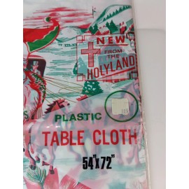 NOS Vtg "New From the Holyland" Plastic Christmas Table Cloth, 54" x 90"-Israel
