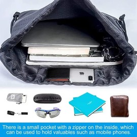 Drawstring Backpack Zippered Water Resistant Sports Sackpack Gym Sack Gym Hiking Travel bag String bag Front Pocket Lightweight Beach Outdoor Men Women (Black)