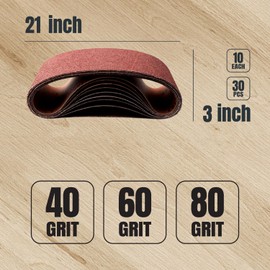 POWERTEC 3 x 21 Inch Sanding Belts, 10 Each of 40/60/80 Grit, 30PK, Aluminum Oxide Belt Sander Sanding Belt Assortment for Portable Belt Sander, Wood & Paint Sanding, Metal Polishing (110435)