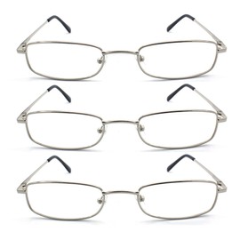 EYE ZOOM 3 Pack Classic Readers Rectangular Metal Reading Glasses for Men and Women, Silver, +2.00 Strength