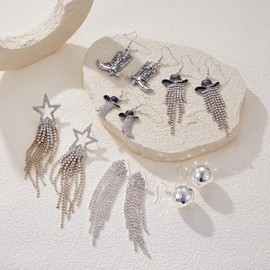 6 Pairs Rhinestone Western Earrings Set Western Cowgirl Cowboy Boots Drop Dangle Earrings Rhinestone Punk Star Tassel Earrings for Women