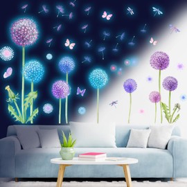 Glow in The Dark Dandelion Wall Stickers Colorful Dandelion Flower Butterfly Fluorescent Stickers Luminous Flying Floral Wall Decal for Kids Girls Bedroom Nursery Wall Decor Blue