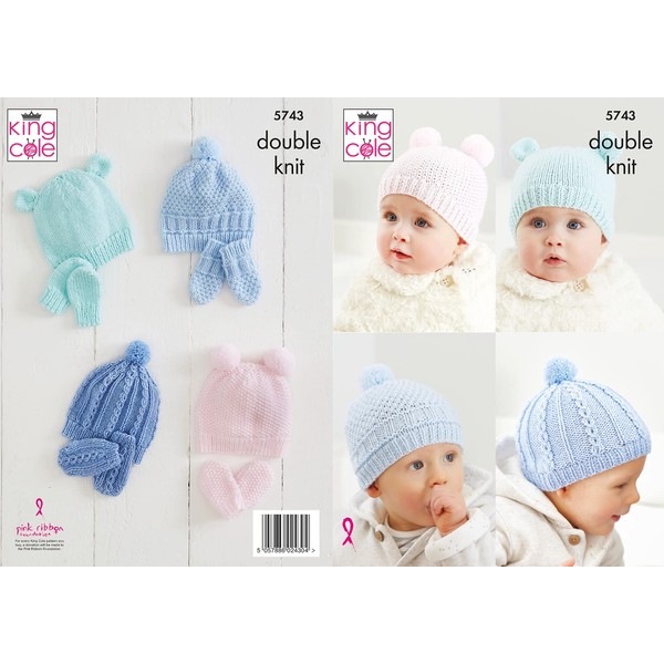 King Cole 5743 Knitting Pattern Baby Hats and Mittens in Comfort DK