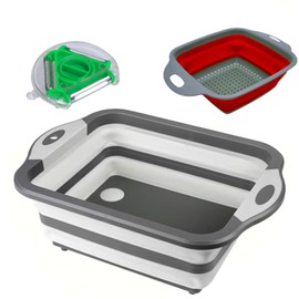 Collapsible Cutting Board, Multifunction Collapsible Foldable Silicon Cutting board Portable 3 in 1, Fruits Vegetables Washing Basket Perfect for BBQ/Picnic/Camping, Bonus Colander & Peeler (Gray)