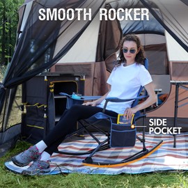 PORTAL PORTAL Folding Rocking Chair Portable Camping Rocker for Adults Outdoor Lawn Garden with Cup Holder Side Pocket Carry Bag, Supports 350 LBS (Mesh Blue)