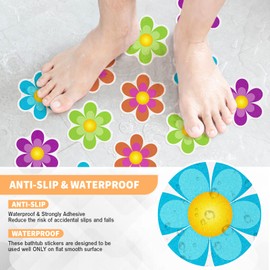 Non Slip Bathtub Stickers, 10 PCS Shower Stickers for Safety Bathroom Tubs, Bathtub Non Slip Stickers and Adhesive Decals Scraper for Bath Tub, Shower Floor(Bright Flowers)