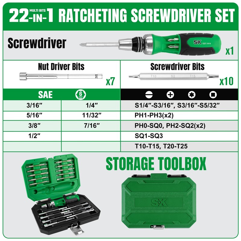 SK 22-in-1 Ratcheting Screwdriver with Nut Drivers, 216-P Multi-bit Screwdriver,