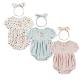 Ecojoy Baby Girl Vest 3PCs Grow Long/Short Sleeve Summer Fall Bodysuit with 3 Headbands/Hats