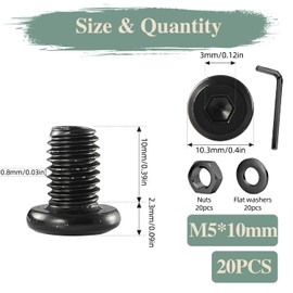 GOHODOMINO M5×10mm Flat Head Socket Cap Screws Bolts, Nuts, Flat Washers, 20Pcs, 304 Stainless Steel, Black Oxide, Allen Socket Drive, with Hex Spanner