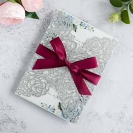 ponatia 25PCS Silver Glitter Wedding Invitations Cards Laser Cut Hollow Rose With Burgundy Ribbon For Bridal Shower Engagement Birthday Graduation Invite