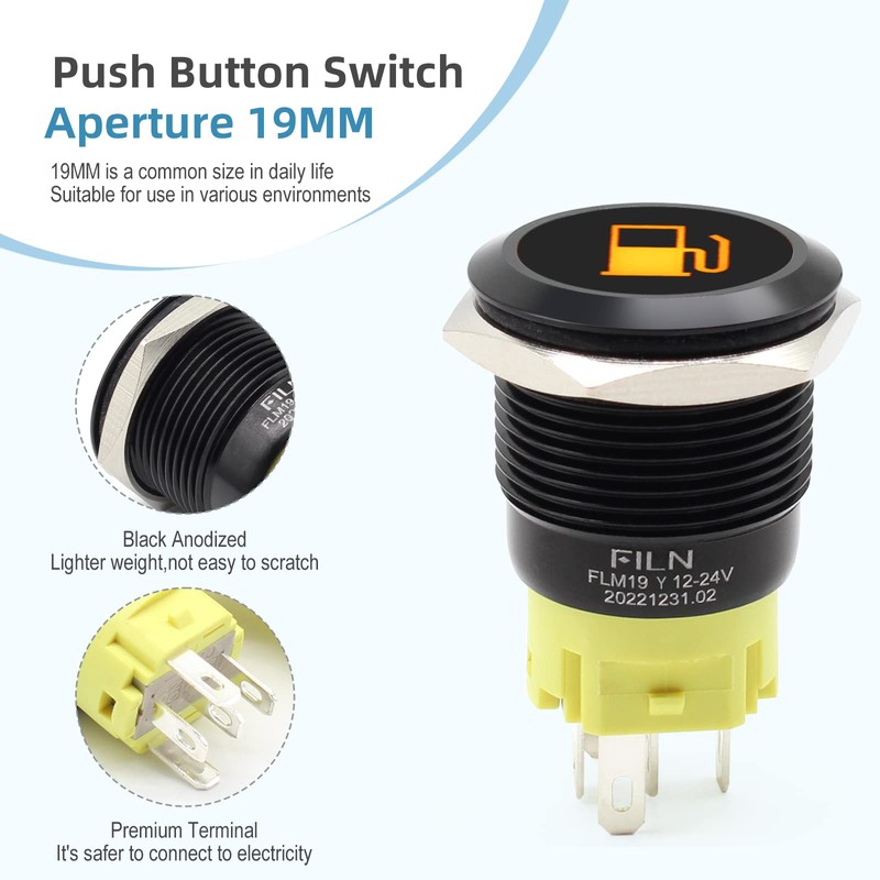 FILN 2PCS 19mm (3/4'') Latching Push Button Switch Latching 12V