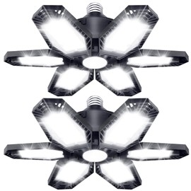 TANBABY 2 Pack LED Garage Lights, 150W Deformable Best Ceiling Shop Lights, 15000LM LED Light 6500K Garage Lighting with 6+1 Adjustable Panels Bulb for Basement