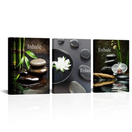 FuShvre Zen Wall Art for Bathroom Zen Stone Bamboo Lotus Orchid Flower Pictures Still Life Prints for Zen Meditation Room Wall Decor Framed 12x16 inch each piece (small)