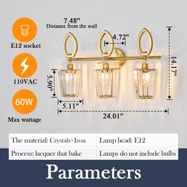 YYJLX Crystal Vanity Light Mid Century Modern Bathroom Light Fixture Gold Light Fixture Wall Mount Over Mirror Large 3 Light