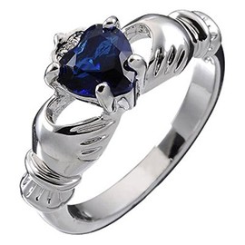 GWG Jewellery 925 Sterling Silver Claddagh Love Ring with Sapphire Blue Heart Stone, Hands, and Crown – 10 in Gift Box for Women