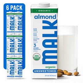 MALK Almond Milk Unsweetened (32oz, Pack of 6) - Shelf Stable Organic Almond Milk, Non GMO, Whole 30, Dairy Free, Vegan, Plant Based, No Gums or Fillers - Malk for Smoothies, Cereal, Coffee, Creamer