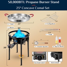 ARC 23" Concave Comal Set w/50,000BTU Propane Grill Burner, Stainless Steel Griddle Fryer Cookware Set, Paella Burner