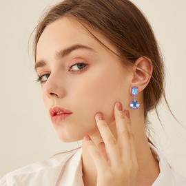 Crystal Drop Dangle Earrings for Women Square Circle Geometric Blue Purple Rhinestone Drop Earrings for Mom Wife Prom (Purple Oval)