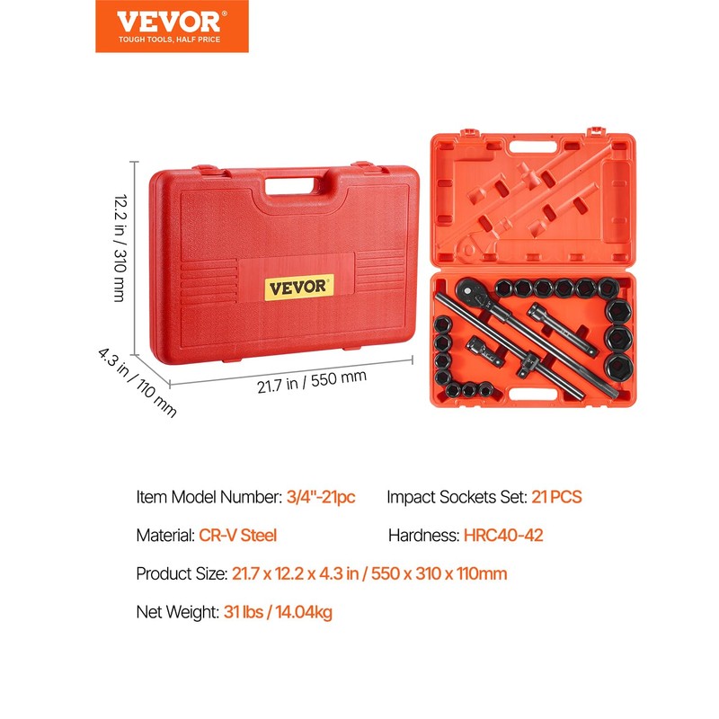 VEVOR 3/4 in Drive Impact Socket Set, 21 Pieces SAE