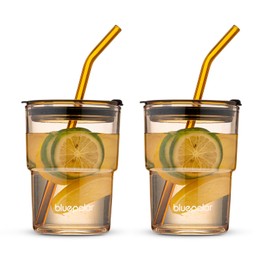 BLUEPOLAR 13oz/400ml Glass Water Tumbler with Straw and Lid Sealed Carry On Thick Wall Iced Coffee Cup Glass Cup for Water, Iced Tea Fruit Juice Etc (Amber,2Pack…