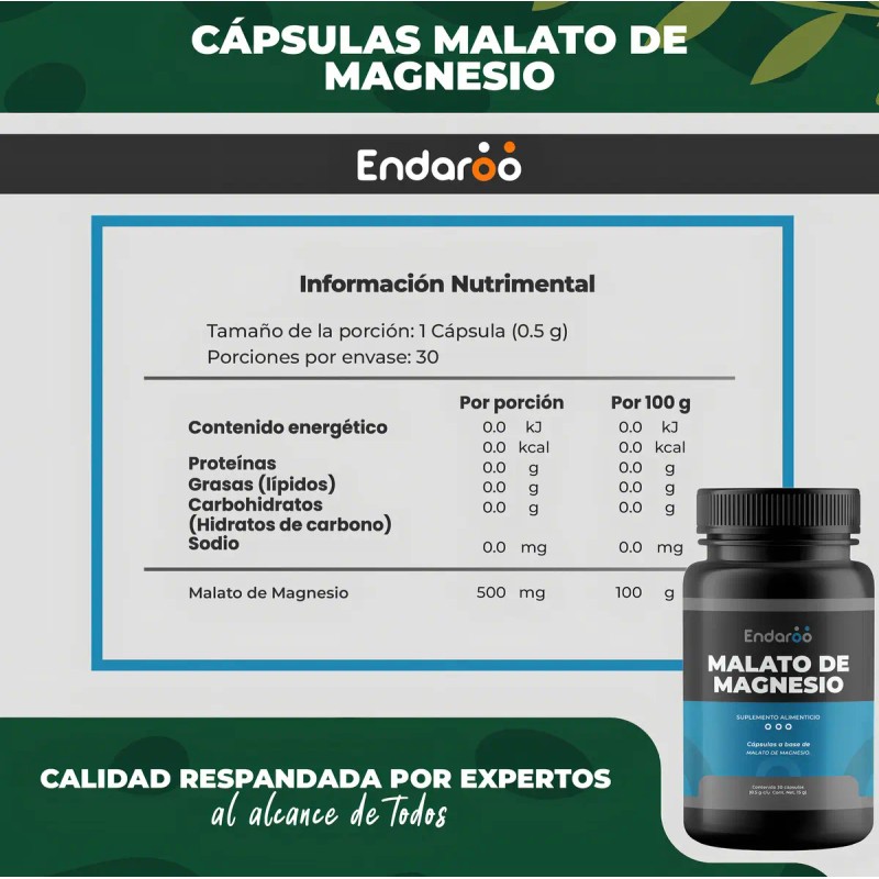 Malato Magnesio 500 Cápsulas Alta Absorción Gluten
