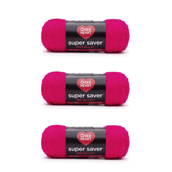 Red Heart Super Saver Metallic Fuchsia Yarn - 3 Pack