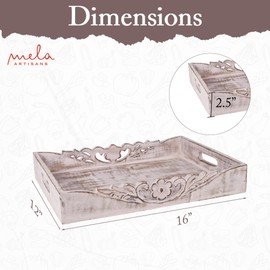 Coffee Table Tray (Distressed White) - “Orchid” Wood Serving Trays w/Handles for Breakfast in Bed - Mango Wood Decorative Tray w/Felt Pads - Medium Size Trays - 16” x 12” x 2.5”