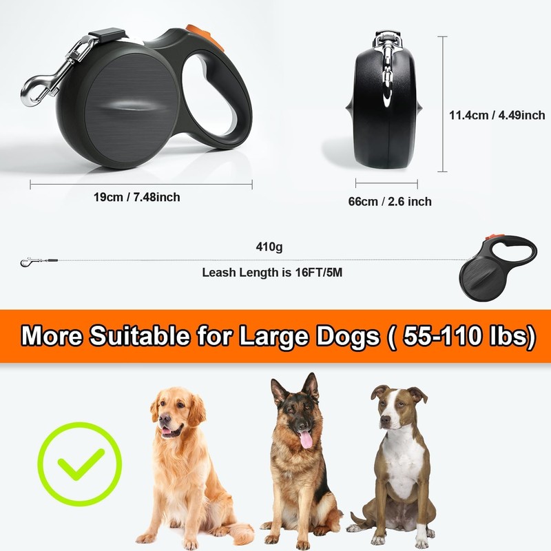 Heavy-Duty Retractable Dog Leash 16-Foot - Auto-Brake & 360° Tangle-Free
