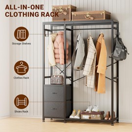 Lulive Clothes Rack, Heavy Duty Garment Rack for Hanging Clothes, Industrial Clothing Racks with Shelves, 2 Fabric Drawers, 4 Hooks, 2 Hanging Rods, Freestanding Closet Organizer, Black