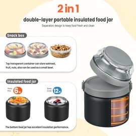 2-in-1 Thermo for Hot Food with Tritan Snack Box Container 13.5oz Insulated Food Jar for Kids Lunch Container Soup Thermal with Spoon Stainless Steel Wide Mouth Vacuum for School Office Travel