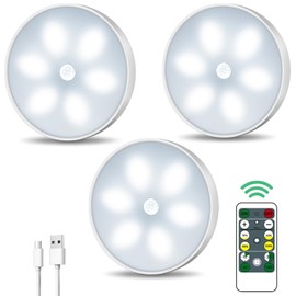 LED Closet Wireless Motion Sensor Step Lights, USB Rechargeable Battery Operated Puck Lights with Remote, Dimmable Under Cabinet Lighting for Counter,Kitchen,Stairs(3 Pack)