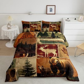 Feelyou Boys Girls Bear Wild Animal Comforter Queen Size, Cute Deer Comforter Set Western Farmhouse Bedding Set Kids Rustic Cabin Teens Duvet Set Bedroom Decor 3Pcs