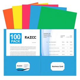 Two Pocket Folders, RAZCC 100 Pack File Folders with Pockets Fit Letter Size Paper, Thick Paper File Folder for School Office Business Home, Assorted 5 Colors