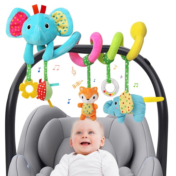 BelleStyle Baby Toys 0-3-6-12 Months, Baby Stroller, Spiral Stroller, Activity Hanging Rattle Toy, Plush Pram Toys Gift for Newborn Children – Blue Elephant