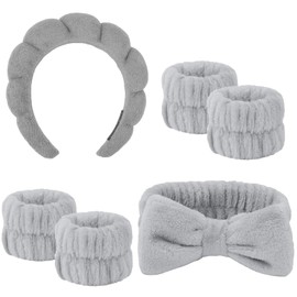 Cozy Manor Skincare Headband Spa Headband for Women Cute head band for washing face Soft Elastic 6 Pack Skin Care Headband and Wristband Set (grey)