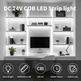 ShineBurky 24V COB Led Strip Lights White 6500K, 32.8FT/10M CRI93+ Cob Led Tape Lights 3200Leds Flexible Dimmable Lights Strip for Bedroom, Mirror, Cabinet, Kitchen Room Decor(Only Strip)