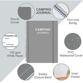 Heveboik Camping Journal and RV Travel Log Book - A5 Outdoor Camp & Adventure Journal for 25 Camping, Hiking Journal, Family Travel Books Camper Essentials Camping, 5.8" x 8.5", Grey
