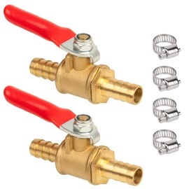 JUWO 5/16" Barbed Shut off Ball Valve, Brass Hose Barb Fitting for Air, Gas, Fuel, Oil, 4 Clamps Included (2-Pack)
