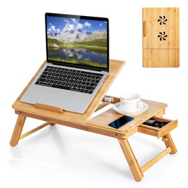 Giantex Bamboo Laptop Desk, Height Adjustable Lap Tray with Tilting Top, Drawer & Cooling Holes, Portable Breakfast Serving Tray with Folding Legs, Bed Desk Table Tray Stand for Home Office, Bedroom