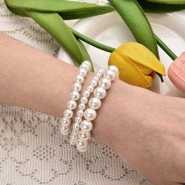 3Pcs White Pearl Bracelets for Women Girls Layered Stretch Bracelet for Party Wedding Costume Bracelet for Bride Bridesmaid Stackable Pearl Beaded Bracelets for Women Girls
