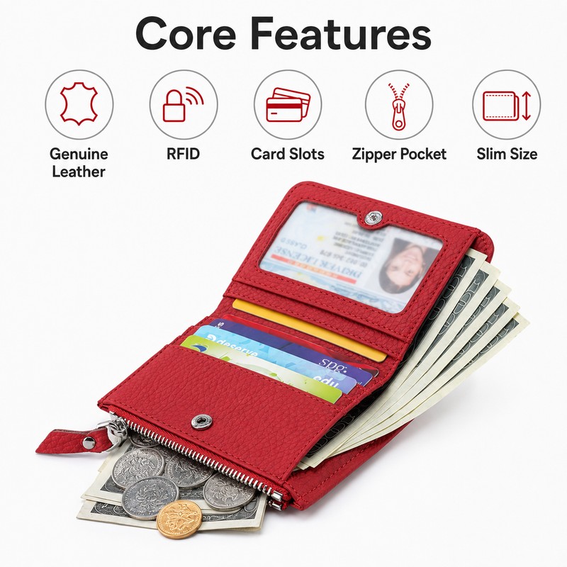 Genuine Leather RFID Wallet – Slim Zipper Coin Purse and