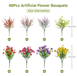 SHareconn 48 Bundles Artificial Flowers for Outdoors Decoration, Faux Plants Fake Silk Colorful Daisy Eucalyptus Lavender, UV Resistant for Outside Home Porch Patio Spring Decor, RedRosyPurpleYellow