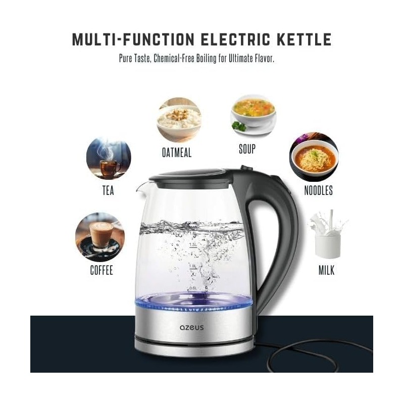 AZEUS Glass Electric Kettle - 1.8L Fast Boiling Auto-Shutoff &