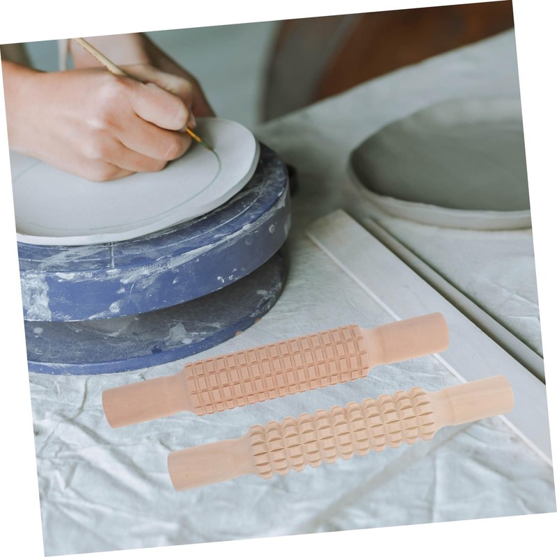 Ciieeo 2Pcs DIY Clay Printing Rods Wooden Mud Rolling Sticks