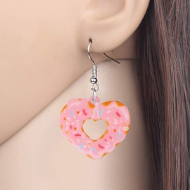 WEVENI Acrylic Valentine's Day Cute Love Heart Donuts Earrings Dangle Fashion Jewelry For Women Charm Gift (Pink)