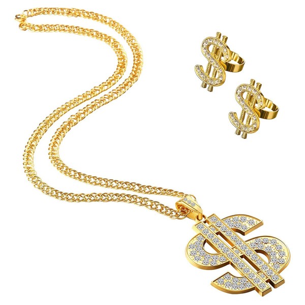 YeahBoom Golden Dollar Chain & Ring, Gangster Ring, Hip Hop Rapper Accessories, Hip Hop Dollar Necklace, Carnival Fancy Dress 70s, 80s, 90s Outfit, Fancy Dress Accessories, Theme Party, gold
